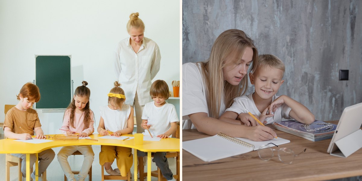 Links eine kleine Lerngruppe mit mehreren Kindern, rechts Einzelnachhilfe zu Hause mit einem Kind und einer Lehrkraft
