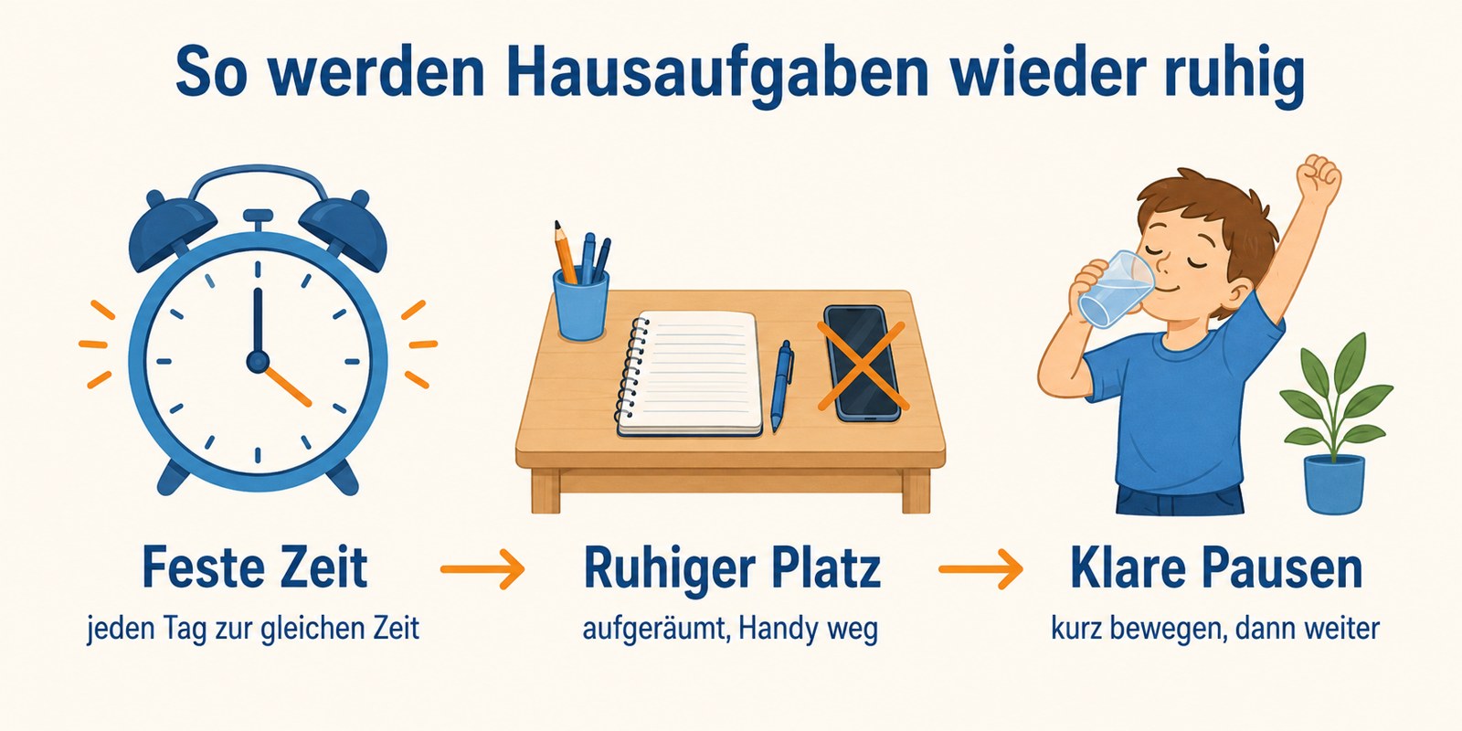So werden Hausaufgaben wieder ruhig: feste Zeit, ruhiger Platz ohne Handy, klare Pausen