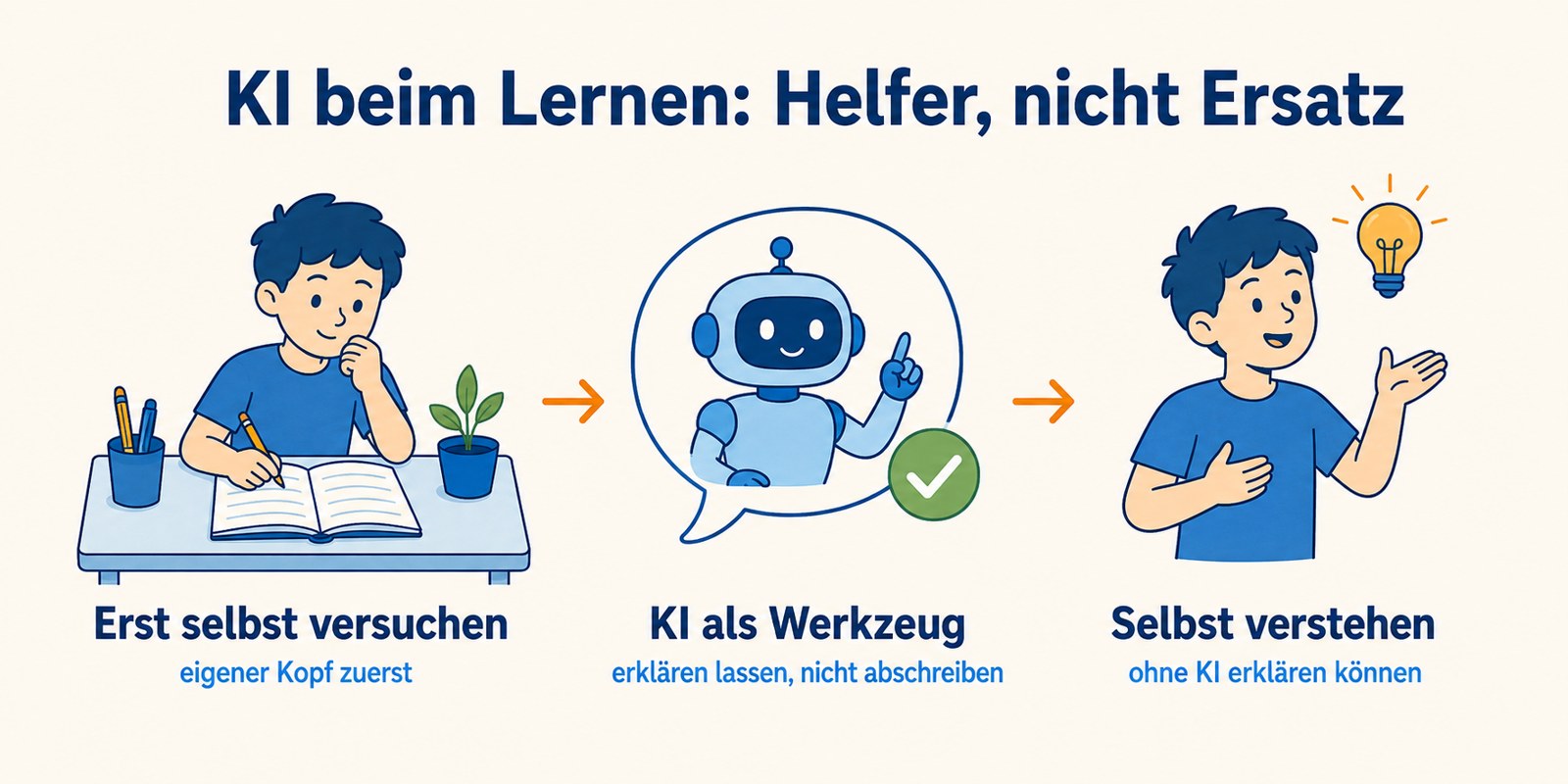 KI beim Lernen, Helfer nicht Ersatz: erst selbst versuchen, KI als Werkzeug, selbst verstehen