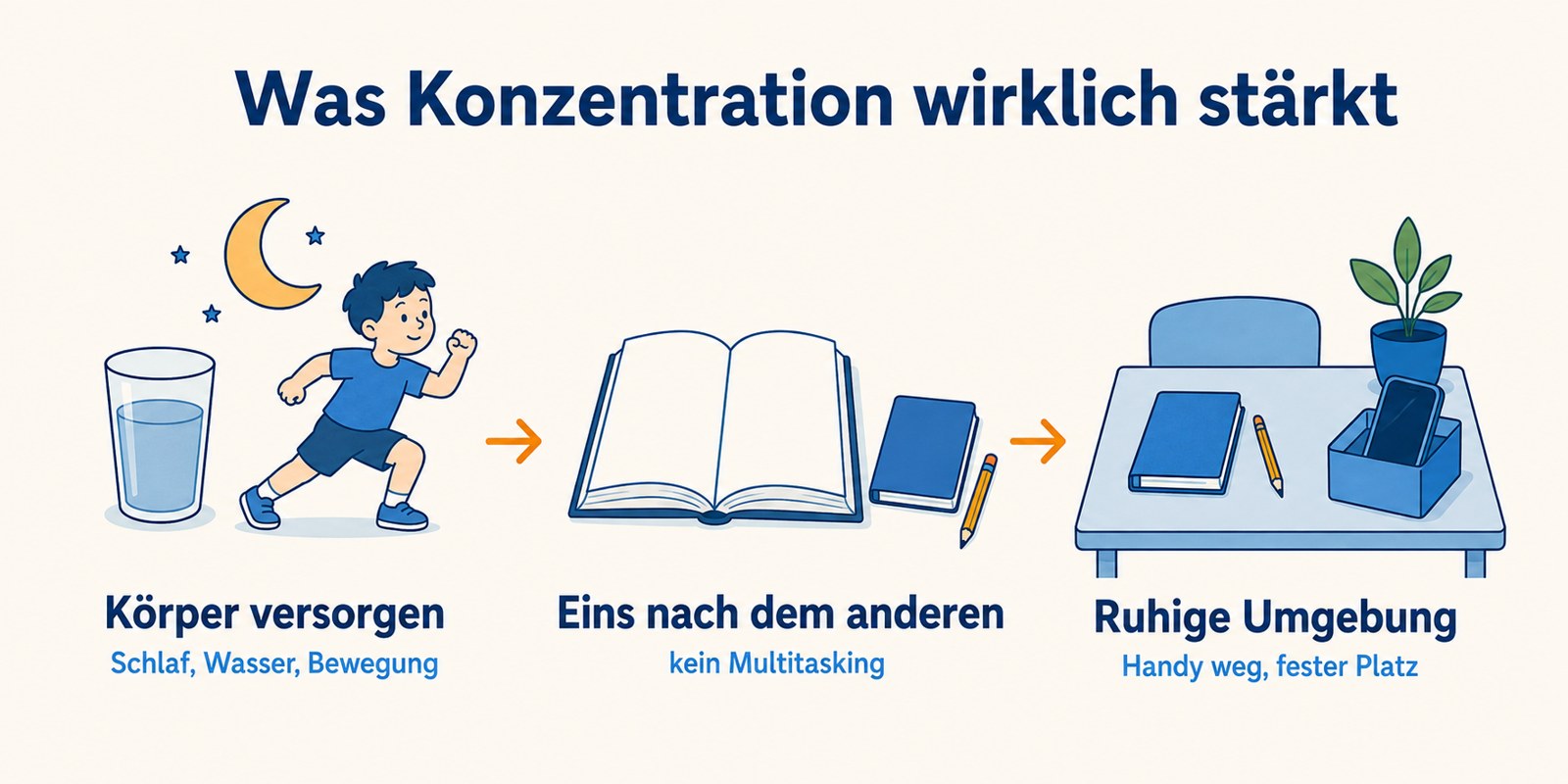 Was Konzentration wirklich stärkt: Körper versorgen, eins nach dem anderen, ruhige Umgebung