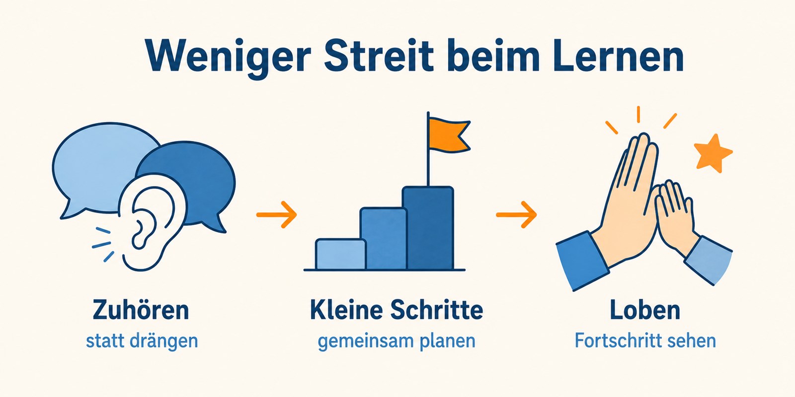 Weniger Streit beim Lernen: zuhören statt drängen, kleine Schritte gemeinsam planen, Fortschritt loben