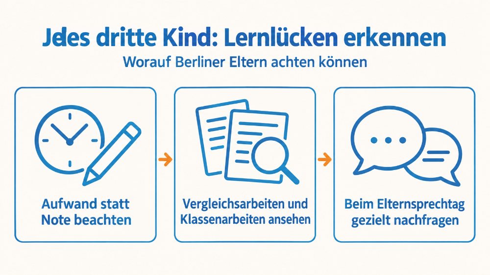 Lernlücke erkennen, so gehen Sie vor: Auf den Aufwand achten, Vergleichsarbeiten ansehen, beim Elternsprechtag nachfragen