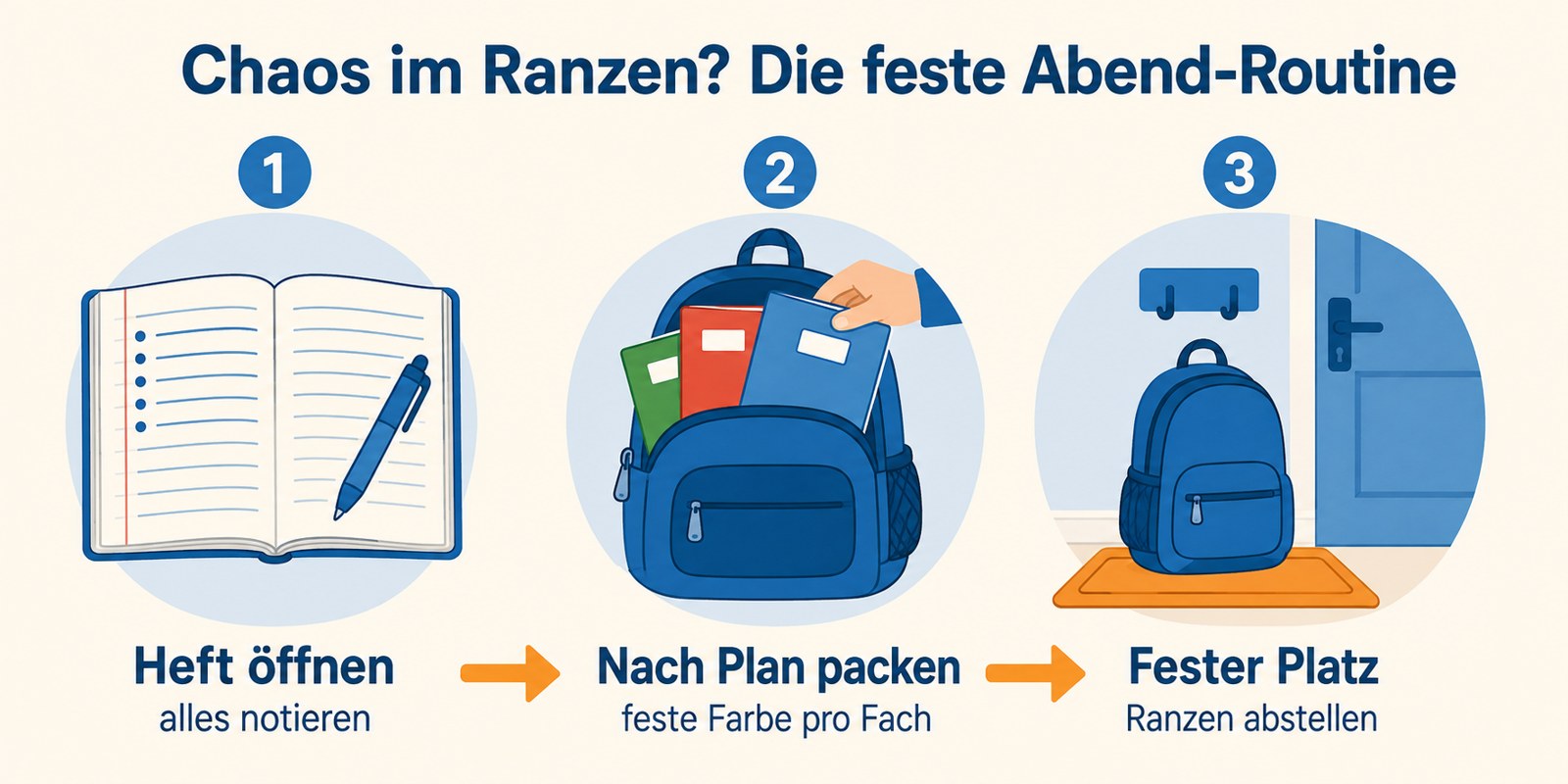 Chaos im Ranzen? Die feste Abend-Routine: Heft öffnen, nach Plan packen, fester Platz