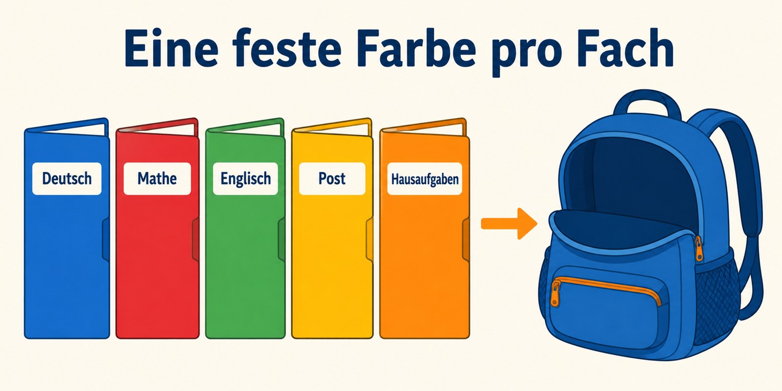 Eine feste Farbe pro Fach: Deutsch blau, Mathe rot, Englisch grün, Post gelb, Hausaufgaben orange