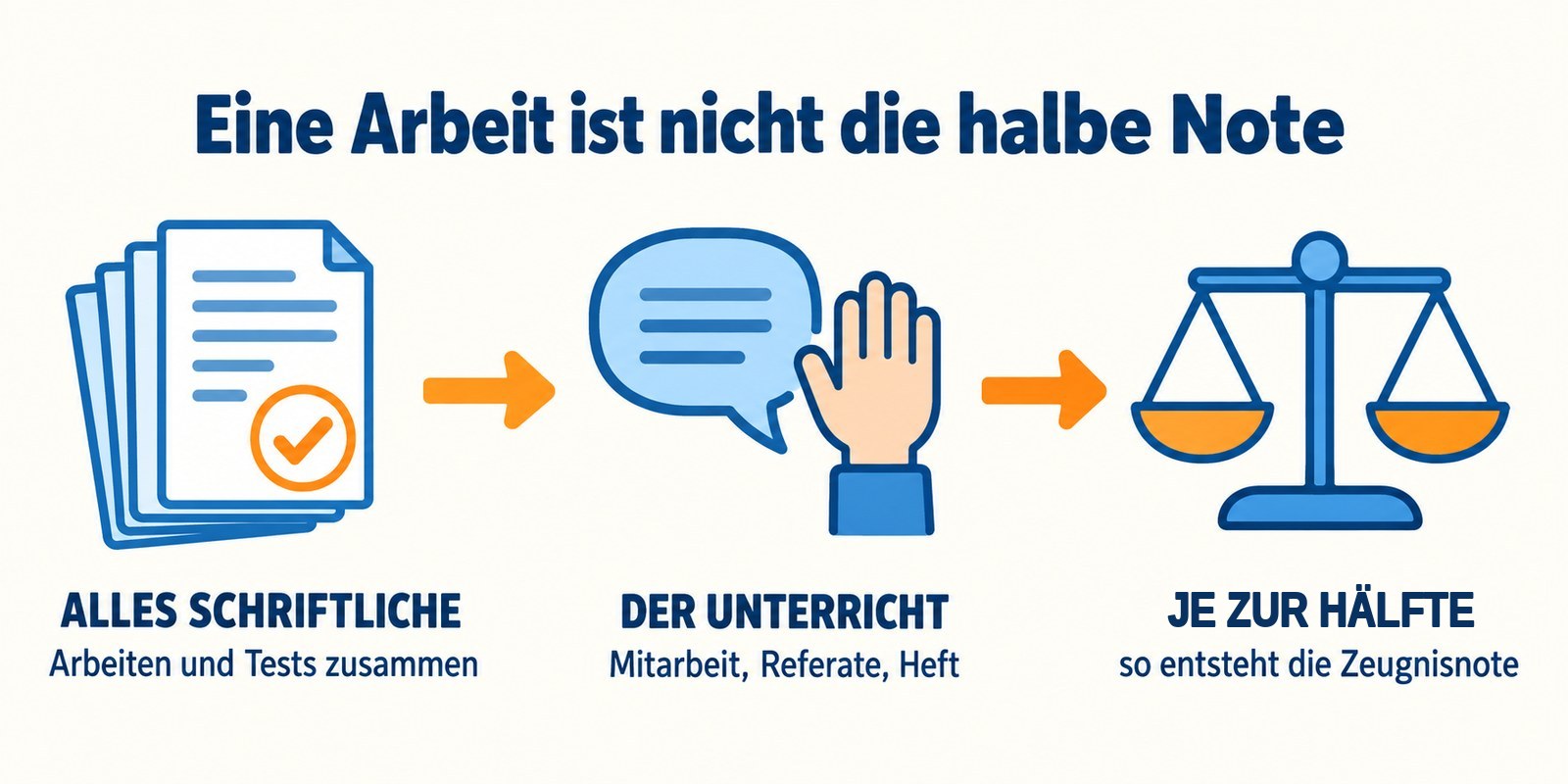 Wie die Zeugnisnote in Berlin entsteht: alle schriftlichen Arbeiten und Tests zusammen und der Unterricht ergeben je zur Hälfte die Note