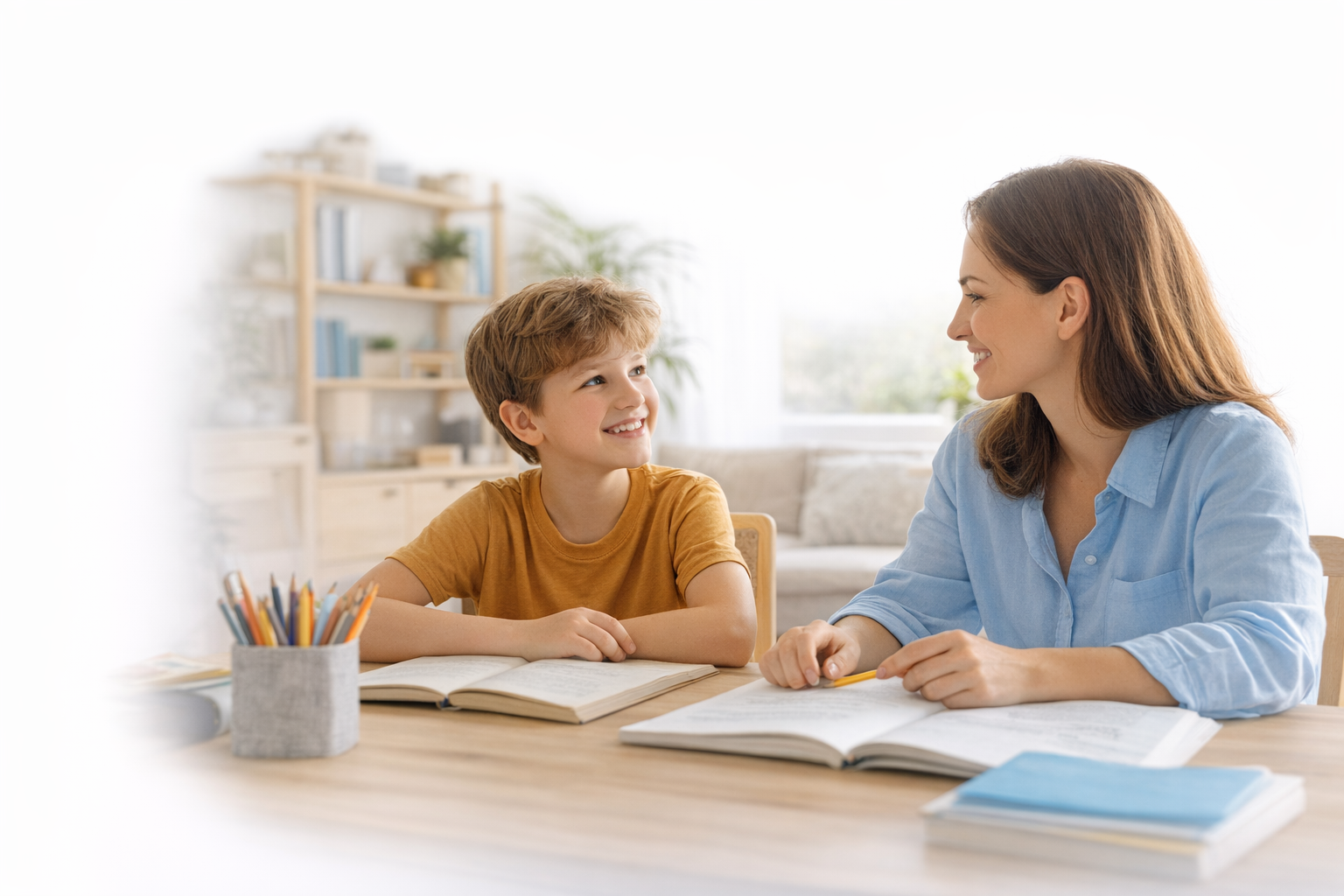 Nachhilfe zu Hause in Berlin. Lehrerin arbeitet ruhig und konzentriert mit einem Kind am Tisch.
